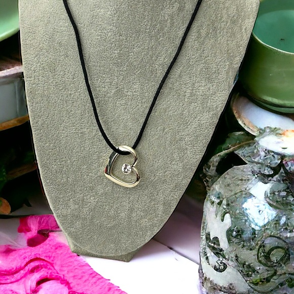 Floating Silver Crystal Open Heart Black Cord Necklace - Picture 1 of 8